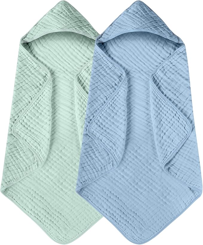 Yoofoss Hooded Baby Towels for Newborn 2 Pack 100% Muslin Organic Cotton Baby Bath Towel with Hood for Babies, Infant, Toddler and Kids, 32x32Inch, Soft and Absorbent Newborn Essential,Blue&Green