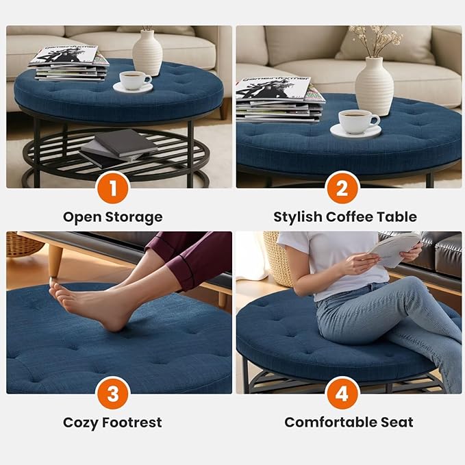Ottoman Coffee Table with Upholstered Tufted Linen Fabric, Round Center Table with Storage Large Footrest Ottoman for Living Room Navy Blue