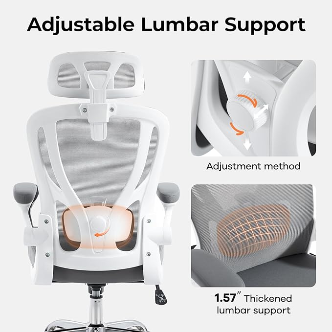 Office Chair Ergonomic Office Chair with Lumbar Support, Head Support, Rocking Function, FILP-up Armrests, Mesh High Back Chair Home Office Desk Chair, Suitable for Home, Office, Grey