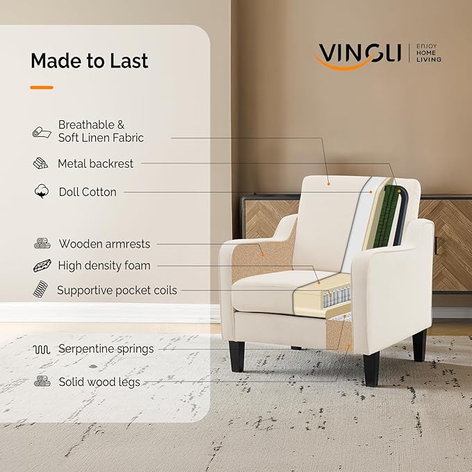 VINGLI Beige Accent Chairs for Living Room, Line Comfy Upholstered Chair Mid Century Modern Armchair for Bedroom, Home Office, Small Spaces, Apartment