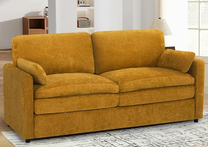 69" Chenille 2 Seats Sofa with 2 Pillows, Modern Upholstered Sofa with Deeper Seats, Comfy Sofa with Thickened Cushions for Living Room, Apartment, Yellow