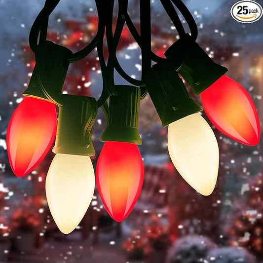 C7 LED Red and White Christmas Lights,25ft Outdoor String Lights with 27 Red White LED Bulbs(2 Spare),Connectable Outside Christmas Lights for Xmas Tree Party Roof Decoration,Green Wire