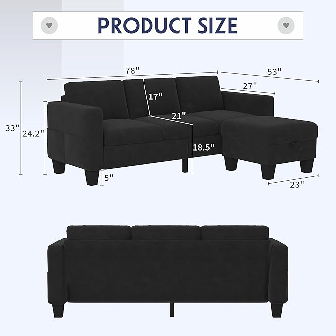 ZeeFu Convertible Sectional Sofa Couch: Classic 3 Seat L-Shaped Sectional Sofa Couches with Storage Ottoman - Modern Black Velvet Upholstered Sofa Set for Living Room Office Small Space Apartment
