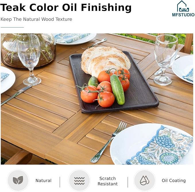 MFSTUDIO 7 Pieces Patio Dining Set, Teak Wood Outdoor Dining Set for 6, 1 x Rectangular Expandable Acacia Wood Table, 6 x Wooden Patio Dining Chairs with Removable Cushions for Backyard, Porch