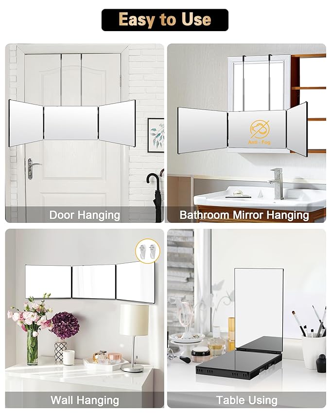 JUSRON 360 Viewing Angle Self Hair Cutting Mirror, Clear Anti-Fog HD Glass (Black Without LED Without Accessories)