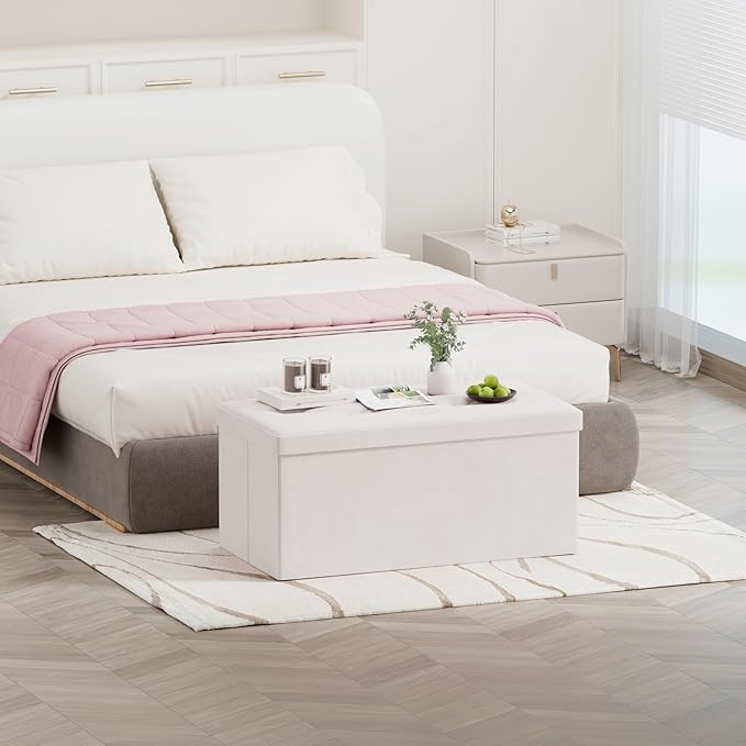 BRIAN & DANY Folding Storage Ottoman Bench, Ottoman with Storage, Foot Rest, Benches Seat for Bedroom, Living Room, Entryway, Long Shoes Bench, 15.7" x 31.5" x 15.7" White