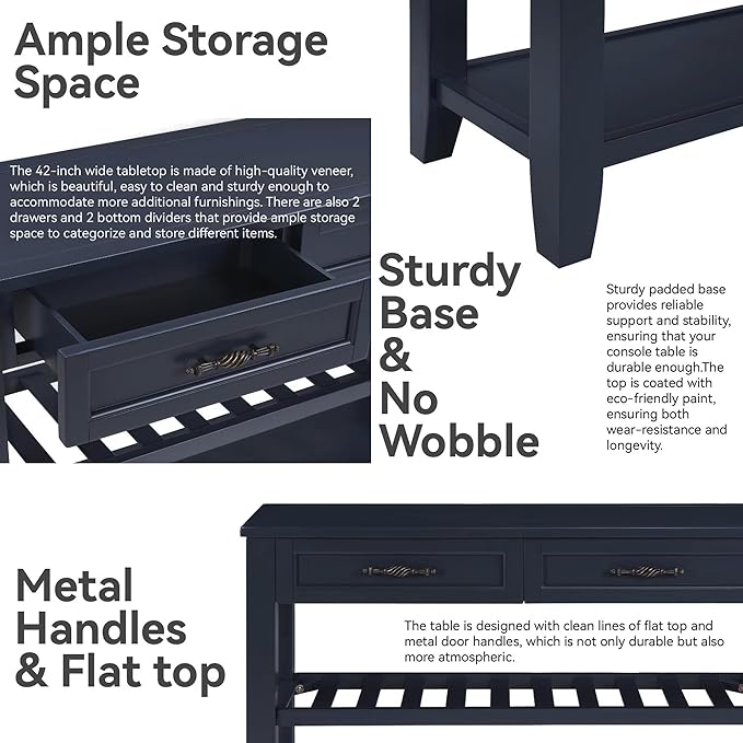 Retro Design Console Table with Two Open Shelves, Pine Solid Wood Frame and Legs for Living Room