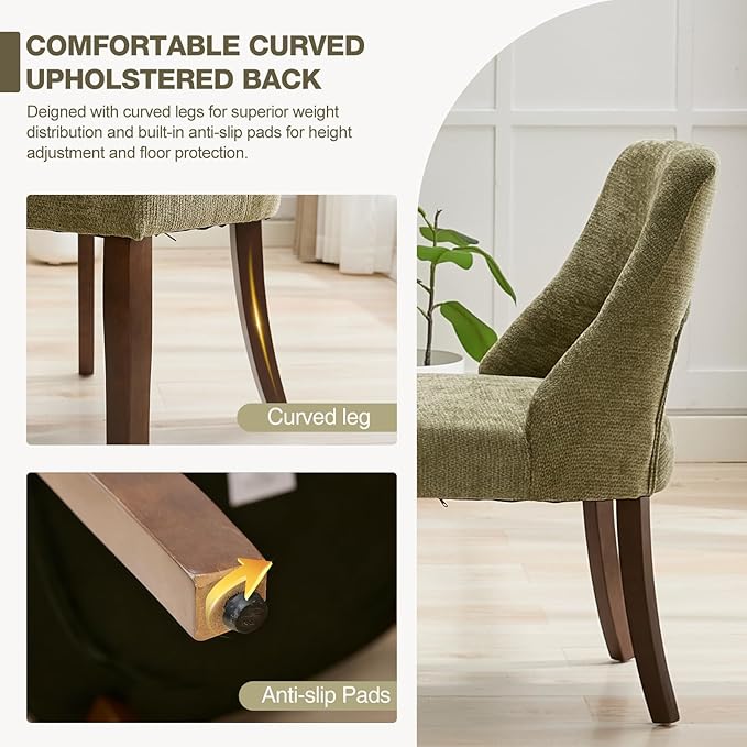 UVV Wooden Dining Chairs Set of 4, Mid Century Modern Chenille Upholstered Dining Room Chair Kitchen Chairs, Farmhouse Dinner Chair with Solid Wood Legs for Kitchen Dining Room, Green