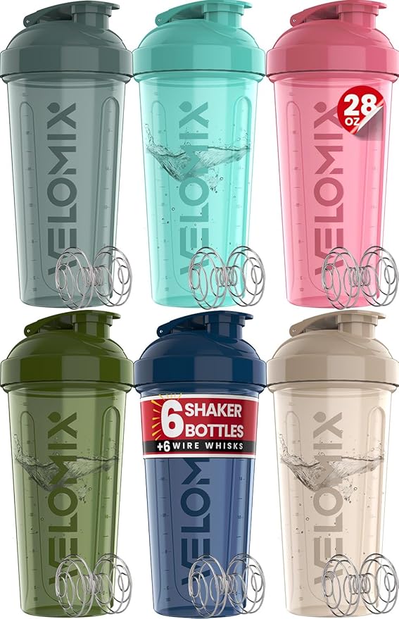 VELOMIX -6 PACK- 28 OZ Protein Shaker Bottles for Protein Mixes, Shaker Cups for Protein Shakes, Large Shaker Bottle Pack, Shaker Cup, Shakers for protein Shakes (Most Popular)