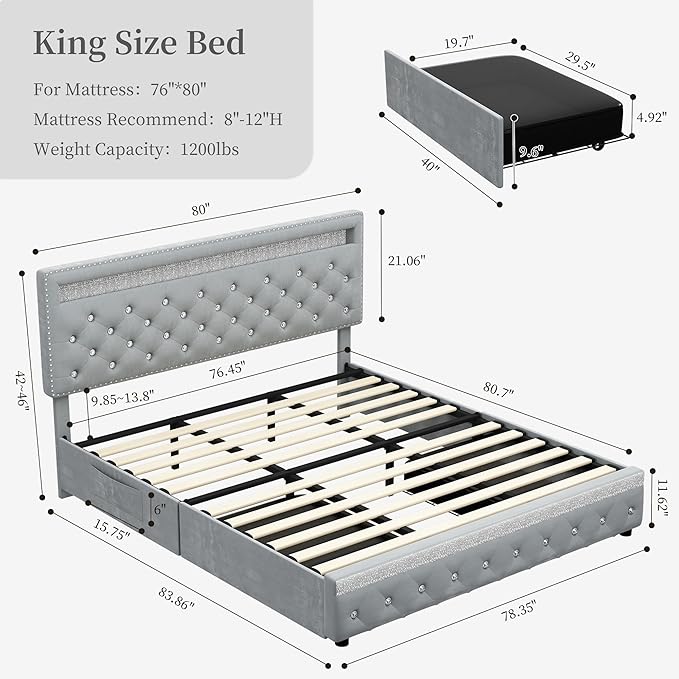 King Led Bed Frame with 2 Drawers, Modern Platform Bedframe with Adjustable Upholstered Crystal Button Tufted Headboard and Storage, No Box Spring Needed, Noise-Free, Easy Assembly, Velvet Grey