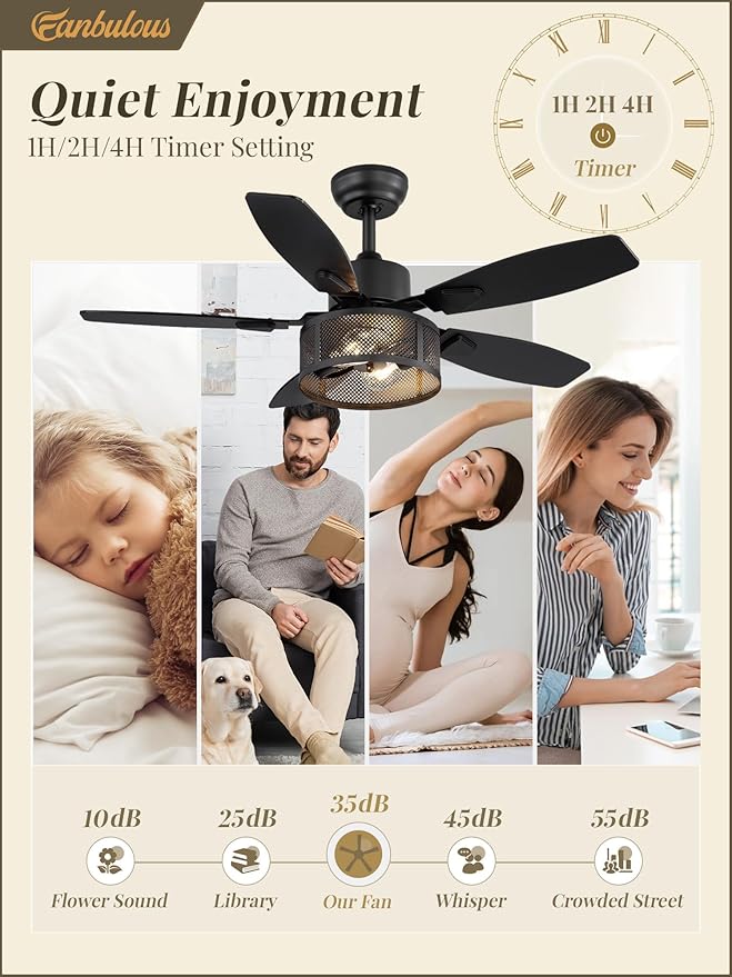 Farmhouse Ceiling Fans with Lights and Remote, 42 Inch Industrial Black Caged Ceiling Fans for Living Room Bedroom Kitchen, 6 Speed Reversible Quiet DC Motor, Dual Finish 5 Blades
