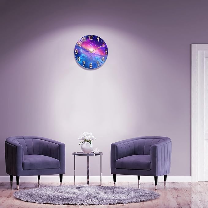 Lafocuse 12 Inch Silent Purple Wall Clocks Battery Operated for Bedroom, Cool Space Galaxy Analog Clock for Living Room Decor, Glass