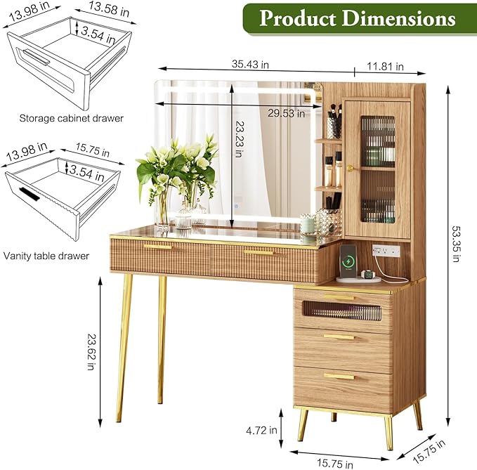 47.24" Big Modern Vanity Desk with Mirror and Lights,Makeup Vanity Desk with 5 Drawers and Storage Shelves & Power Outlet,Dressing Table with Glass Top, Oak