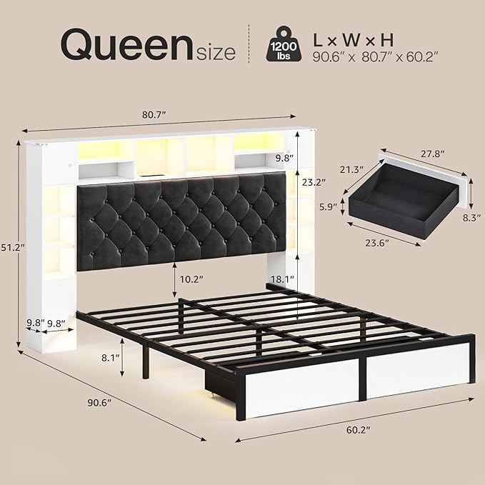 Queen Bed Frame with Bookcase Headboard and Storage Drawers, 51.2" Metal Platform Queen Size Bed Frame with Charging Station and LED Lights, Velvet Upholstered Tufted Bed Frames, White