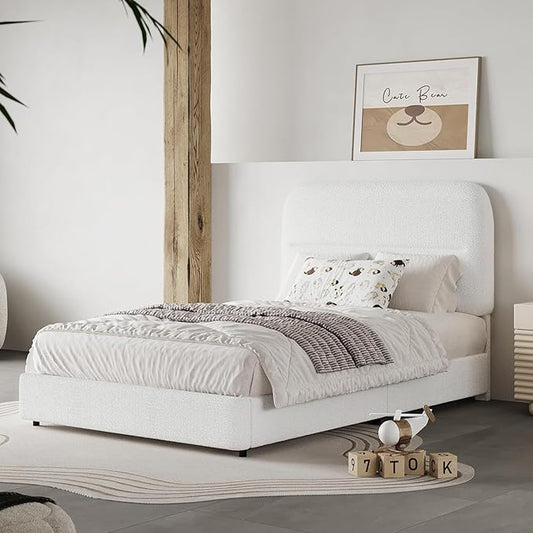 HOMBCK Twin Bed Frames with Headboard, Boucle Upholstered Platform Bed Twin Size for Kids, Rounded Corners & Thickened Footboard, No Box Spring Needed/Easy Assembly, White