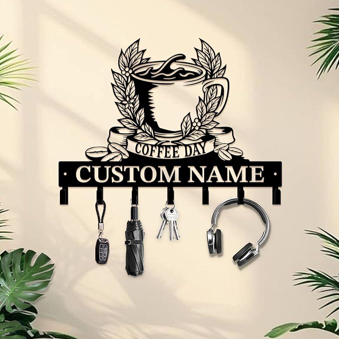 Coffee Bar Keys Holder - Metal Iron Wall Hooks with Custom Name | Personalized Home Decor & Gift Idea | Coffee-Themed Text Engraving Design (Style J)