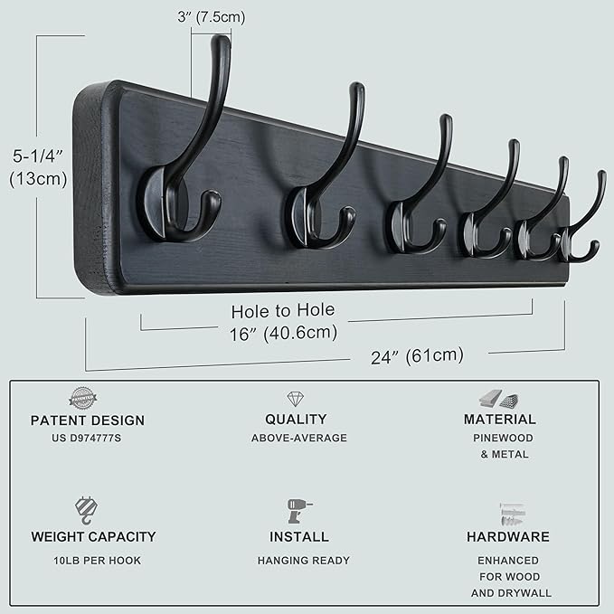 Dseap Coat Rack Wall: 24" Long, Patented, Heavy-Duty, 6-Double-Hooks Wooden Wall Mounted Coat Rack Coat Hanger Hook Rail for Winter Coats Hat Jacket Clothing, Black