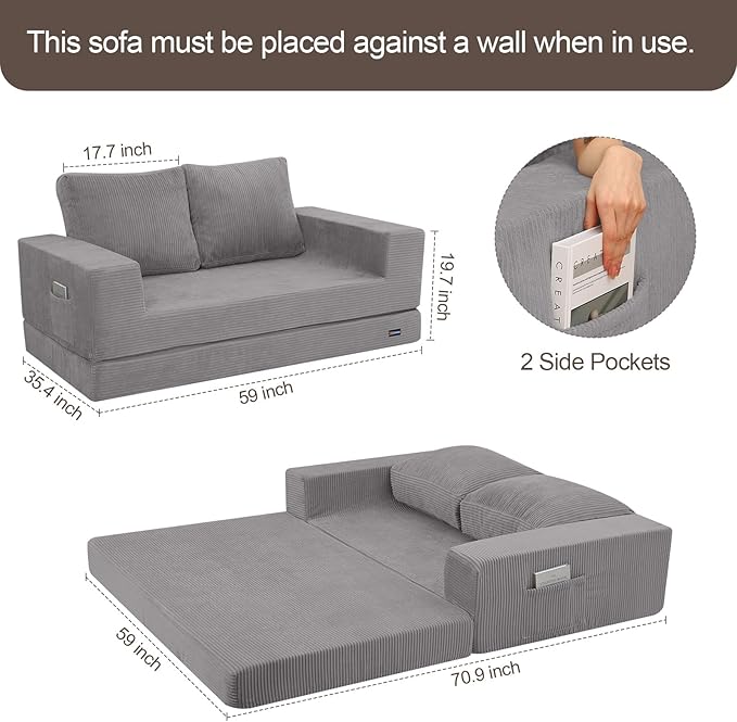 COMAX Convertible Sofa Bed Queen, Folding Fold Out Couch Bed, Floor Futon Couch Corduroy with Back Pillows, Boneless Sofa Comfy Lounge Sleeper Mattress Loveseat for Living Room Bedroom, Light Grey