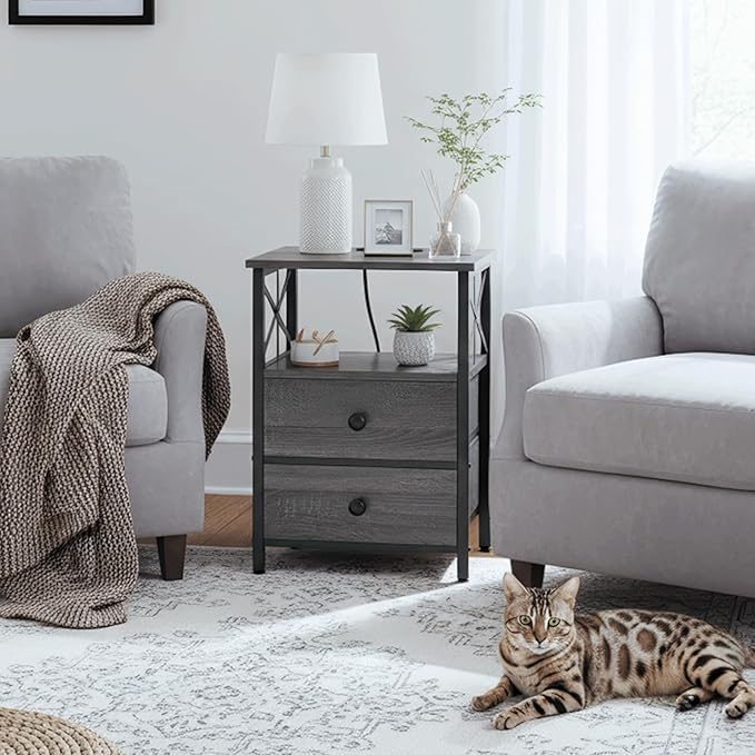 AMHANCIBLE Night Stand Set 2, Nightstand with Charging Station, End Tables Living Room with USB Ports and Outlets, Bedside Tables with Fabric Drawers for Bedroom, Dark Grey HET05XDG