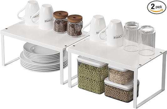 Cabinet Organizer Shelf, Set of 2 Cabinet Shelves, Stackable Metal Kitchen Counter Organizer, Adjustable Countertop Cupboard Pantry Shelf Riser Storage Rack, WHite