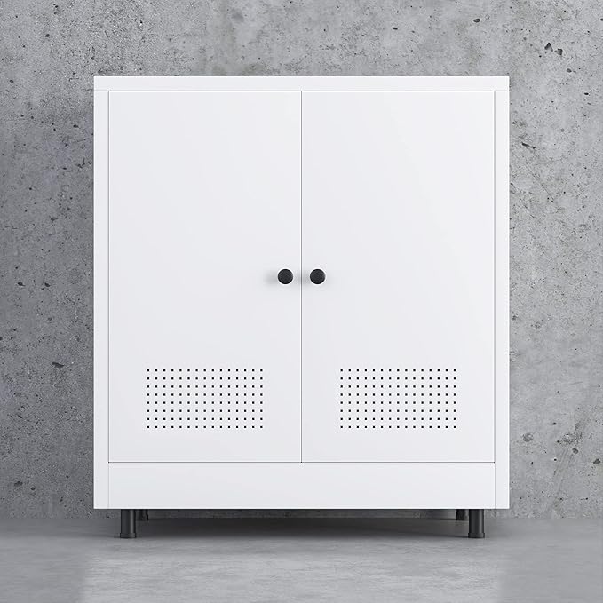 Metal Storage Cabinet with 2 Doors and Adjustable Shelf, Free Standing Accent Sideboard Buffet Cabinet for Home, Office, Entryway, Hallway, Living Room, Kitchen and Dining Room (White)