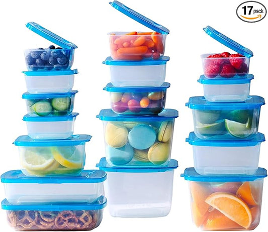 Premium Attached Food Storage Containers, Permanently Attached Plastic Lid, Never Lose & Space Saving Organization (17 Pack)