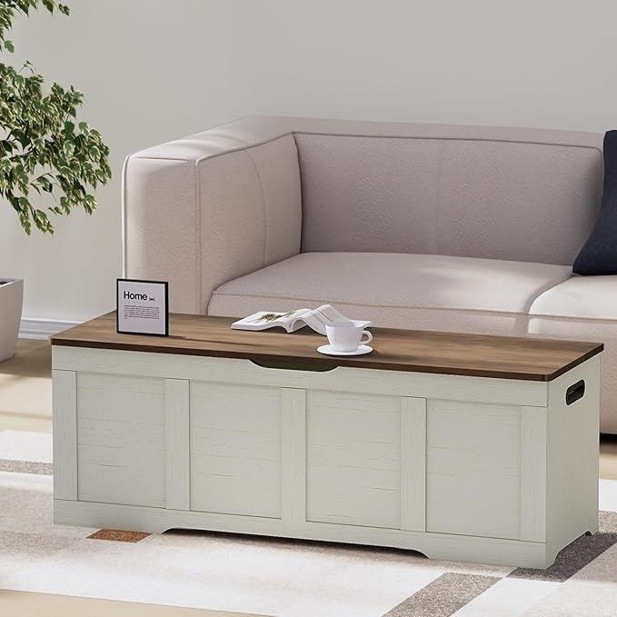 47.2" Storage Chest, Extra Large Storage Trunk with 2 Safety Hinges, Wooden Storage Bench, Shoe Bench, Entryway Bench for Living Room, Bedroom, Brown and Rustic White