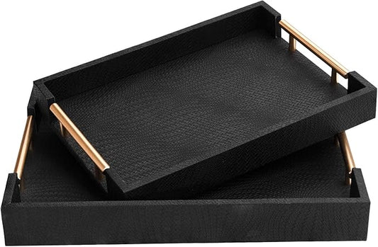 2 Piece Woven Leather Ottoman Tray with Gold Handles, Perfect Rectangular Serving Tray for Living Room, Coffee Table Tray as Thoughtful Gift for Home Decor Enthusiasts (Black)