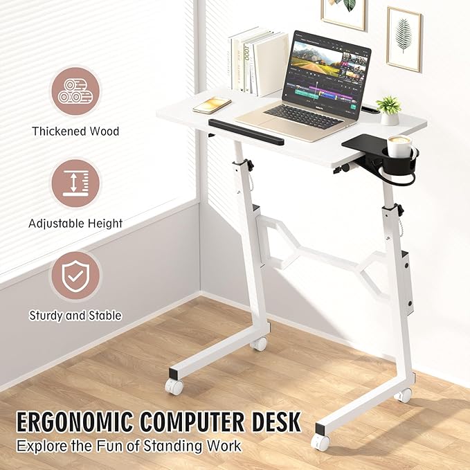 Small Standing Desk with Wheels, Portable Treadmill Desk, Rolling Desk Adjustable Height for Laptop, Mobile Standing Table for Walking Pad, Bedside Table