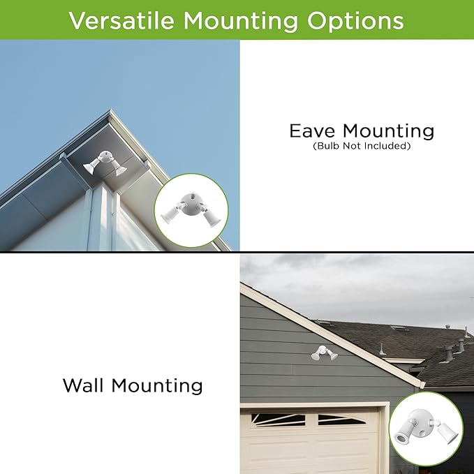 Two Head Par Light Holder with Dusk to Dawn Photocell UL Listed Outdoor Flood Light For Safety & Security 120V Twin Par Holder Use 2 PAR38 Bulbs up to 150W Each (Bulb sold separately) 1 Pack White