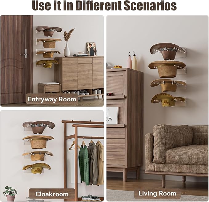 Cowboy Hat Rack for Wall: 4 Pack Acrylic Hat Holder Organizer - Western Rustic Wall Mounted Hat Hanger Stand for Cowboy Hat, Fedora, Sun Hats
