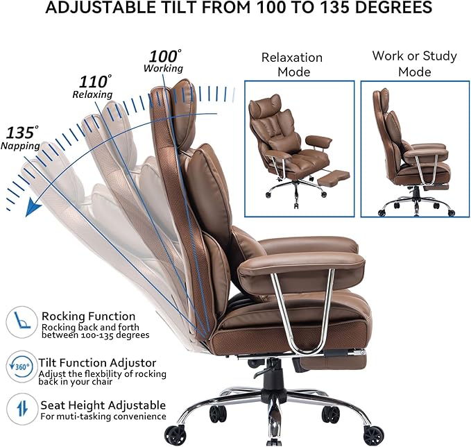 Efomao Big and Tall Office Chair 400lbs – PU Leather Executive Office Chair with Lumbar Support & Leg Rest, Heavy-Duty Computer Chair for Home Office, Brown