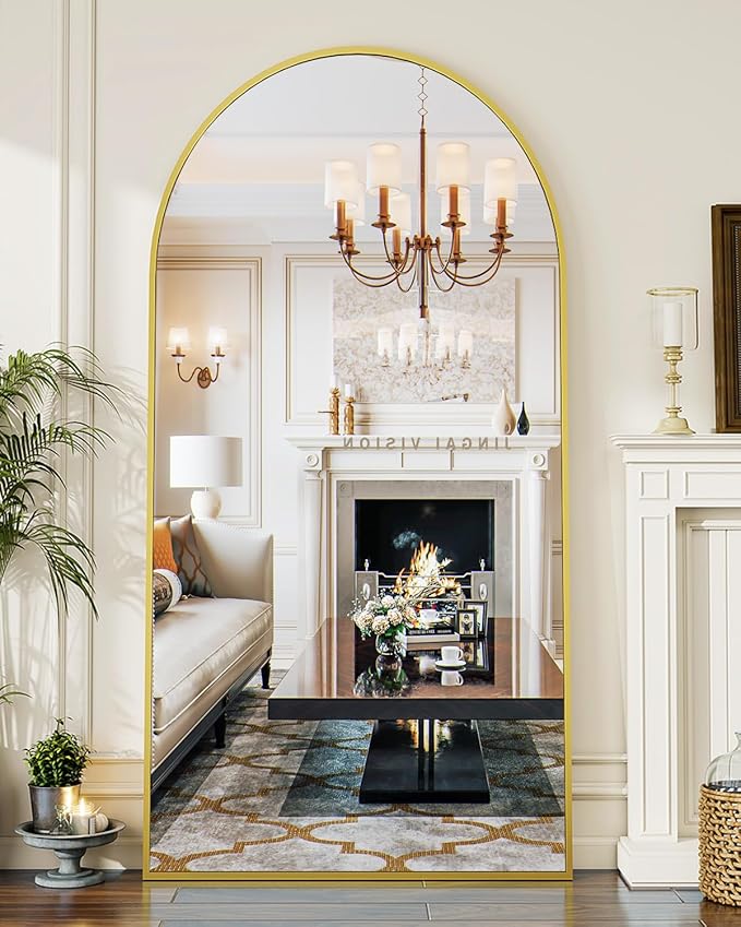 Koonmi 34"x76" Arched Full Length Mirror, Gold Large Floor Mirror with Aluminum Alloy Frame, Standing, Hanging or Leaning Wall-Mounted Vanity Mirror for Living Room and Bedroom