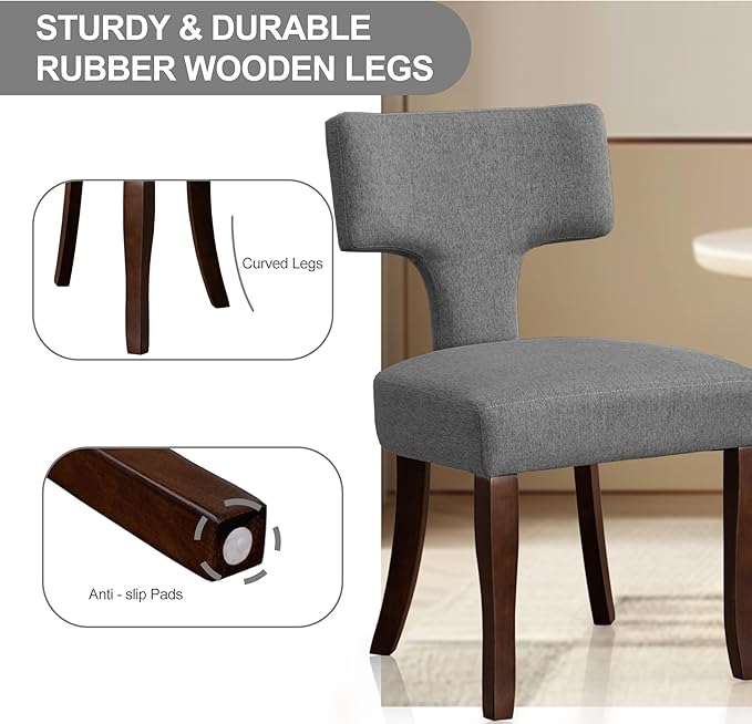 Mid Century Modern Dining Chairs Set of 2, Upholstered Side Dining Chairs with Curved Back Linen Fabric Armless Wood Chairs Kitchen & Dining Room Farmhouse Chairs (Gray)