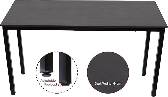 55 inch Large Computer Desk Wood, Modern Simple Style Desk for Home Office, Bedroom, Study Student Writing Desk, Small Spaces, Black Metal Frame, Dark Walnut Top