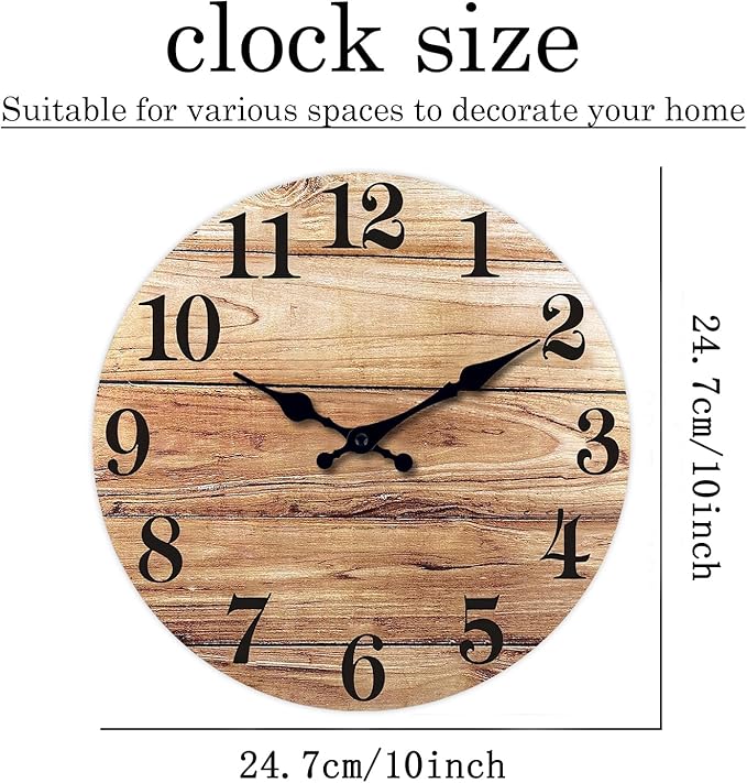 XNM 10 Inch Rustic Wall Clock for Bedroom Battery Wall Clock Silent Brown Round Small Clock Wood(No Solid Wood, It is with MDF Material)