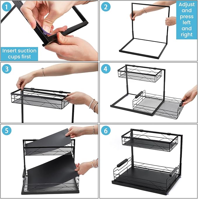 Pull Out Under Sink Organizer, 2 Tier Kitchen Cabinet Organizer with Suction Cups, PVC Mat, Sliding Drawer, Metal Cleaning Supplies Storage Shelf for Laundry, Pantry, Bathroom