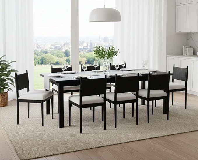 CIMOTA Dining Chairs Set of 4, Mid Century Modern Upholstered Dining Room Chairs with Woven Back, Armless Kitchen Chairs with Black Solid Wood Legs,Linen Beige, 4PCS