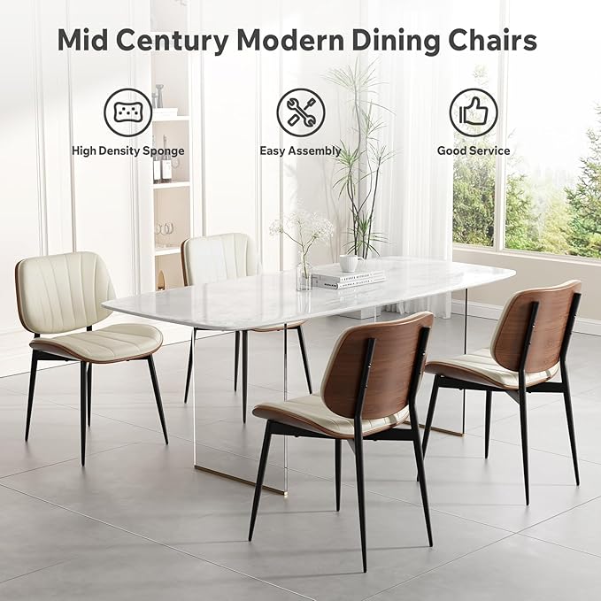 Dining Chairs Set of 8, Mid Century Modern Dining Room Chair, Upholstered Faux Leather Kitchen Chairs with Walnut Bentwood Back and Metal Legs for Kitchen Dining Room Living Room, Beige