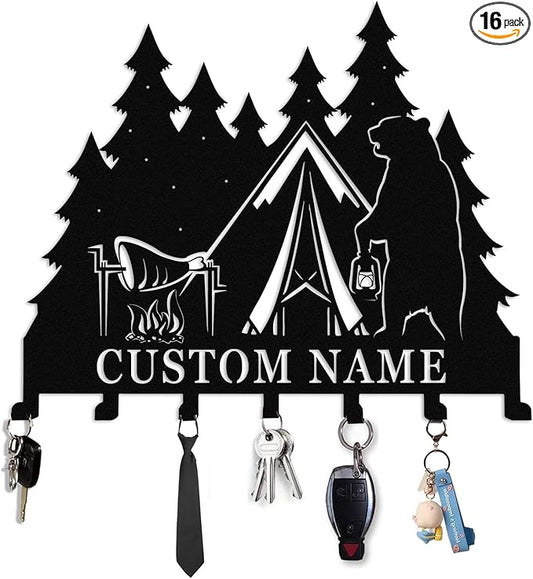 Personalised Metal Key Rack Hooks,Camp Theme Key Holder with Name,Custom Key Holder for Wall,Home Sweet Home Decor,Housewarming Gift Camp 1