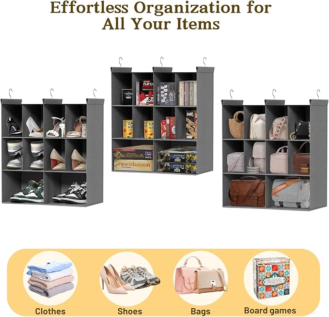 Ofiray-home 3 Tier Hanging Closet Organizer, 10 Compartments Sweater Organizer for Closet with 3 Sturdy Hooks, Closet Organizers and Storage, Wardrobe, Rv, Garment Rack, Grey