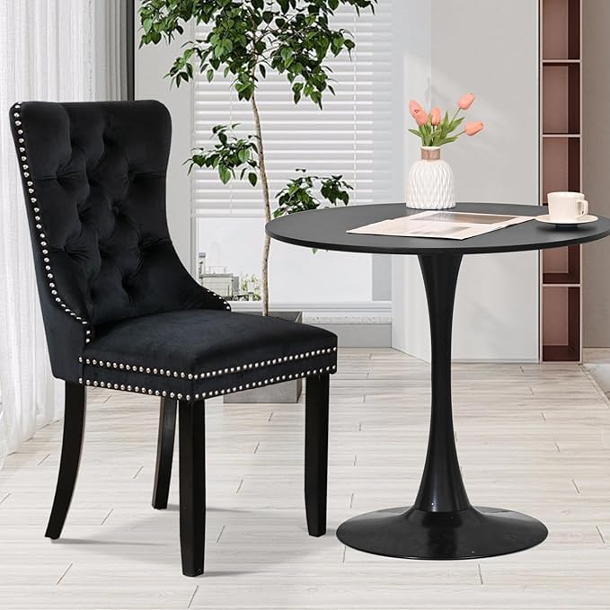 SoarFlash Kitchen Table and Chairs for 2, 31.5" Dining Table Set for 2 with Velvet Upholstered Chairs, 3 Piece Round Kitchen Table Set, Dining Room Table Set for Small Space, Apartment, Black/Black