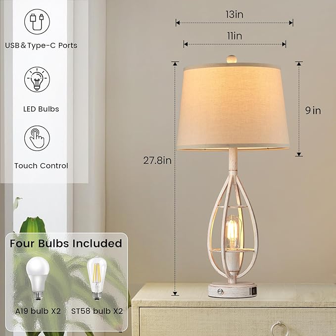 27.8" Farmhouse Table Lamps for Living Room Set of 2 - Beside Touch Lamps for Bedroom with USB C+A, Rustic Vintage Retro Lamps for Night Stands, Bulbs Included (White)