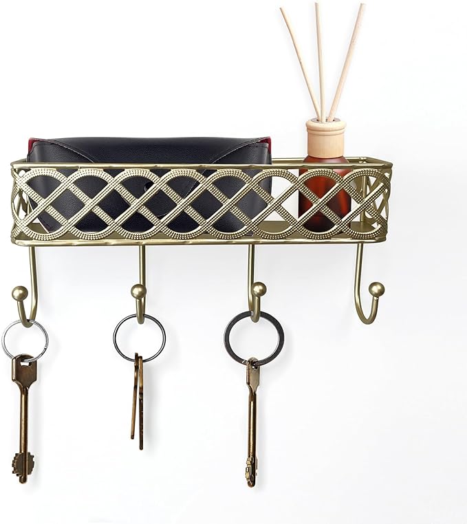 Celtic Knot Key Holder Wall Shelf - Entryway Wall Mounted Organizer with 4 Hooks, Metal Storage for Keys, Wallets, Bags, Hats (Golden)