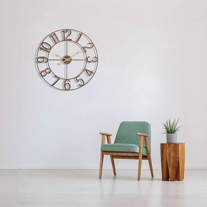 Sorbus 24-Inch Large Wall Clock – Decorative Brown Metal Clock with Gold Hands – Silent, Battery Operated, Modern Wall Decor for Living Room, Kitchen, or Office - Great Gift for Housewarming or Office