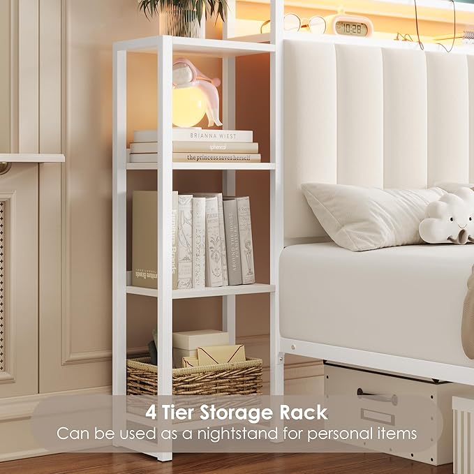 Keyluv Twin Bed Frame with Storage Headboard & Charging Station, Upholstered LED Platform Bed with Bedside Storage Rack & Drawer, Metal Slat Support, No Box Spring Needed, Velvet Fabric, White