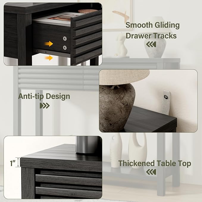 EAG 40" Fluted Console Table with 2 Drawers, Modern Wood 2 Tier Entryway Table with Storage Shelf, Narrow Sofa Tables Behind Couch for Entrance Foyer, Hallway, Living Room, Black