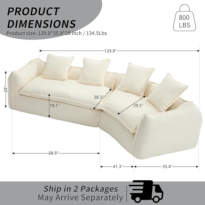 129.9” Curved Boucle Sofa Couch, Modern Sectional Sofa Cloud Deep Seat Couch with 4 Pillows, Comfy Modular 4-Seat Couches for Living Room Apartment (Beige)