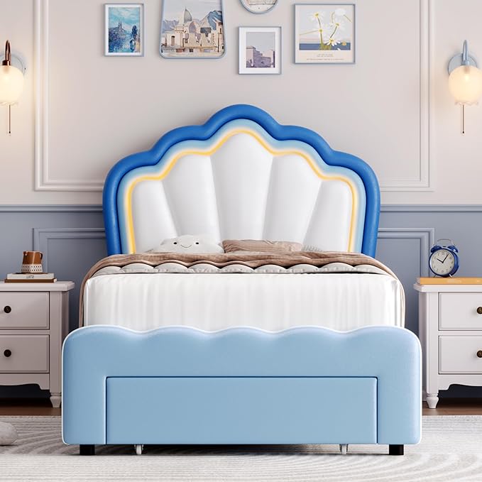 HOSTACK Twin Upholstered LED Bed Frame with Storage Drawers, Cute Boys Bed with Adjustable Lotus Headboard, Faux Leather Platform Bed Frame, Wooden Slats Support, No Box Spring Needed, Blue/White