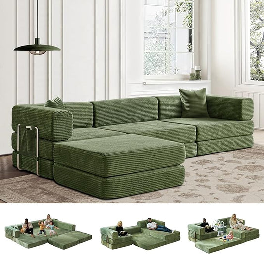Folding Sofa Bed Convertable Corduroy Couch King Size Floor Sleeper 4-in-1 DIY Combination Modular Sofa Fold Out Futon Lounge Comfy Foldable Lazy cama for Living Room (Green)